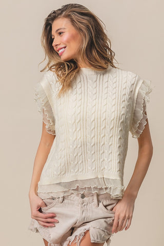 Shop BiBi Layered Pleat Chiffon Edge Cable Knit Top - High-Quality U.S. Made Women’s Fashion with Free Fast Shipping