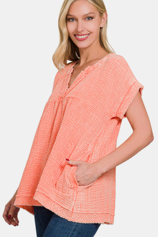 Shop CORAL Zenana Washed Raw Hem Short Sleeve Blouse with Pockets - High-Quality U.S. Made Women’s Fashion with Free & Fast Shipping