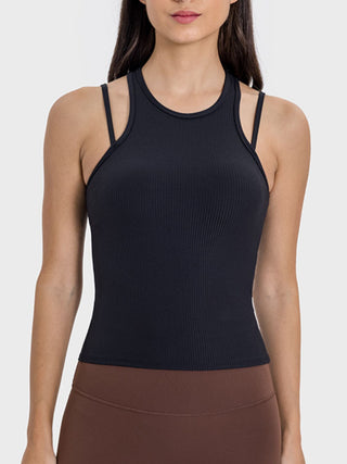 Shop Black Millennia Cutout Round Neck Racerback Active Tank - High-Quality U.S. Made Women’s Fashion with Free & Fast Shipping