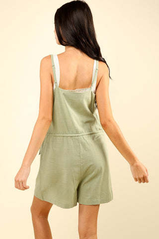 Shop VERY J Half Button Drawstring Sleeveless Romper - High-Quality U.S. Made Women’s Fashion with Free & Fast Shipping