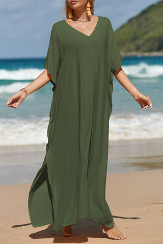 Shop Matcha Green One Size Slit V-Neck Half Sleeve Cover-Up - High-Quality U.S. Made Women’s Fashion with Free & Fast Shipping