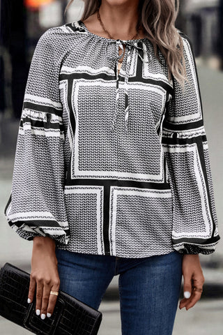 Shop Contrast Printed Tie Neck Balloon Sleeve Blouse - High-Quality U.S. Made Women’s Fashion with Free & Fast Shipping