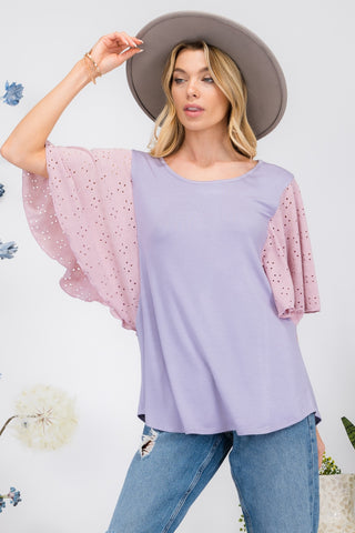 Shop Lilac Celeste Full Size Contrast Eyelet Ruffle Sleeve Blouse - High-Quality U.S. Made Women’s Fashion with Free & Fast Shipping