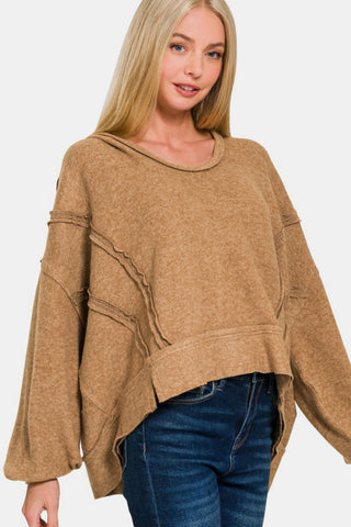 Shop Deep Camel Zenana Brushed Hacci Exposed Seam Hoodie - High-Quality U.S. Made Women’s Fashion with Free & Fast Shipping