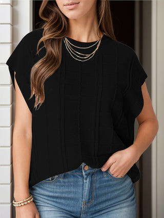 Shop Round Neck Cap Sleeve Knit Top - High-Quality U.S. Made Women’s Fashion with Free & Fast Shipping