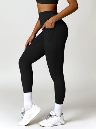 Shop Black Ruched Pocketed High Waist Active Leggings - High-Quality U.S. Made Women’s Fashion with Free & Fast Shipping