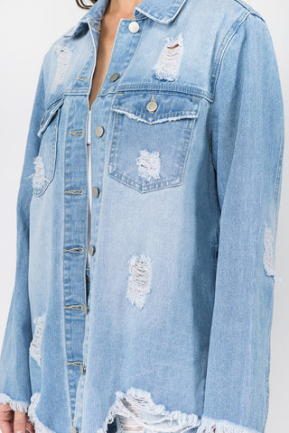 Shop American Bazi Distressed Frayed Hem Denim Jacket - High-Quality U.S. Made Women’s Fashion with Free & Fast Shipping