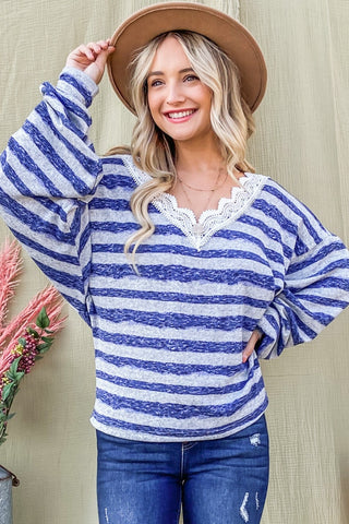 Shop BLUE And The Why Striped Lace Detail V Neck Top - High-Quality U.S. Made Women’s Fashion with Free & Fast Shipping