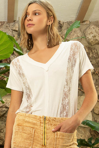 Shop Ivory POL Inset Lace Outseam Detail Short Sleeve V-Neck T-Shirt - High-Quality U.S. Made Women’s Fashion with Free & Fast Shipping