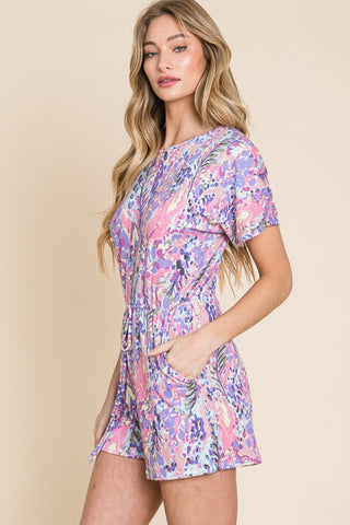 Shop BOMBOM Print Short Sleeve Romper with Pockets - High-Quality U.S. Made Women’s Fashion with Free & Fast Shipping