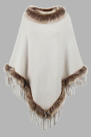 Shop Ivory One Size Faux Fur Trim Fringed Poncho - High-Quality U.S. Made Women’s Fashion with Free & Fast Shipping