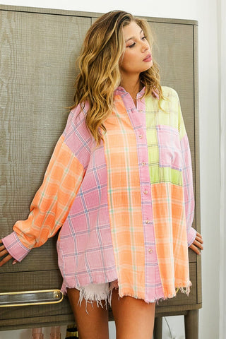 Shop Pink Peach Lime BiBi Plaid Color Block Raw Hem Shirt - High-Quality U.S. Made Women’s Fashion with Free & Fast Shipping