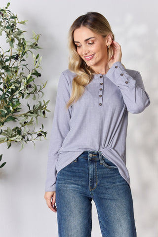 Shop Heimish Full Size Texture Half Button Long Sleeve Top - High-Quality U.S. Made Women’s Fashion with Free & Fast Shipping