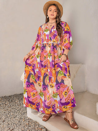 Shop Plus Size Printed Tie Neck Maxi Dress - High-Quality U.S. Made Women’s Fashion with Free & Fast Shipping