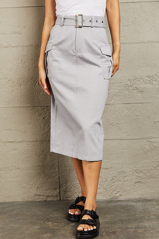 Shop Light Gray HYFVE Professional Poise Buckled Midi Skirt - High-Quality U.S. Made Women’s Fashion with Free & Fast Shipping