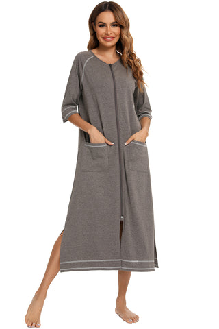 Shop Zip Up Slit Round Neck Night Dress with Pockets - High-Quality U.S. Made Women’s Fashion with Free & Fast Shipping