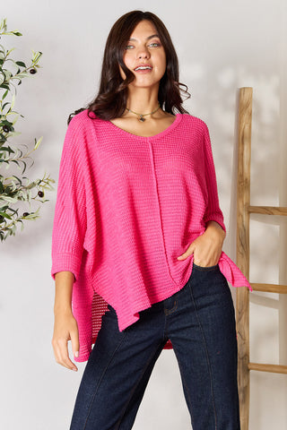 Shop Fuchsia Zenana Full Size Round Neck High-Low Slit Knit Top - High-Quality U.S. Made Women’s Fashion with Free & Fast Shipping