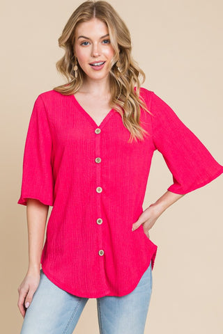 Shop BOMBOM Texture Decorative Button V-Neck Top - High-Quality U.S. Made Women’s Fashion with Free & Fast Shipping