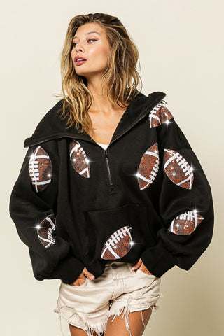 Shop BiBi Sequin Football Half Zip Hoodie - High-Quality U.S. Made Women’s Fashion with Free & Fast Shipping