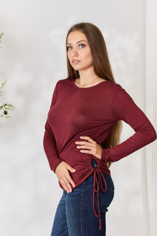 Shop Culture Code Full Size Drawstring Round Neck Long Sleeve Top - High-Quality U.S. Made Women’s Fashion with Free & Fast Shipping