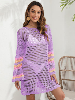 Shop Red-Violet One Size Openwork Contrast Long Sleeve Cover-Up - High-Quality U.S. Made Women’s Fashion with Free & Fast Shipping