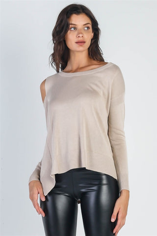 Shop Beige UNIQ Cold Shoulder Long Sleeve Knit Top - High-Quality U.S. Made Women’s Fashion with Free & Fast Shipping