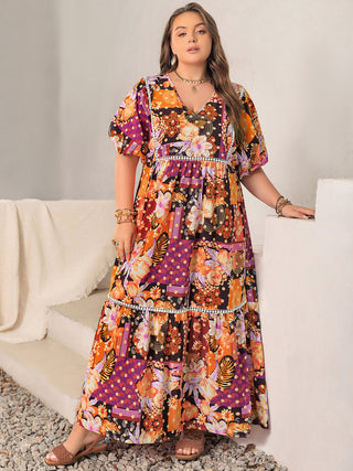 Shop Plus Size Printed V-Neck Half Sleeve Maxi Dress - High-Quality U.S. Made Women’s Fashion with Free Fast Shipping