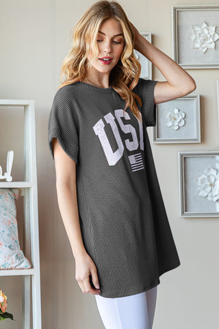 Shop Heimish Full Size USA Graphic Short Sleeve Ribbed Top - High-Quality U.S. Made Women’s Fashion with Free & Fast Shipping