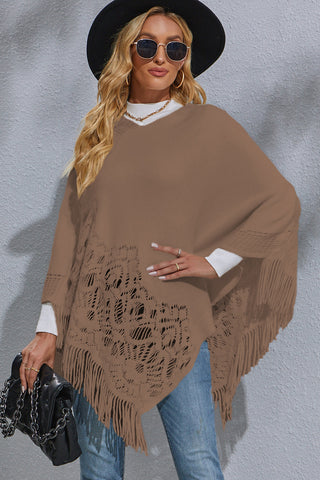 Shop Khaki Round Neck Fringe Detail Poncho - High-Quality U.S. Made Women’s Fashion with Free & Fast Shipping