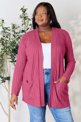 Shop Pink Basic Bae Full Size Ribbed Open Front Cardigan with Pockets - High-Quality U.S. Made Women’s Fashion with Free & Fast Shipping