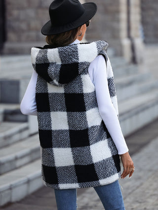 Shop Plaid Hooded Vest with Pockets - High-Quality U.S. Made Women’s Fashion with Free Fast Shipping