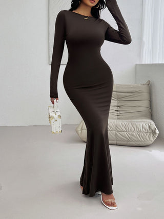 Shop Devine Backless Round Neck Long Sleeve Maxi Dress - High-Quality U.S. Made Women’s Fashion with Free Fast Shipping