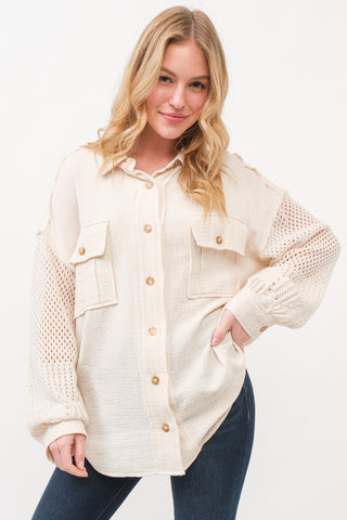 Shop Cream And The Why Texture Button Up Openwork Shirt - High-Quality U.S. Made Women’s Fashion with Free & Fast Shipping