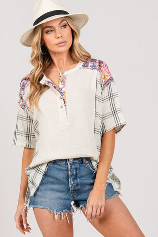 Shop SAGE + FIG Plaid Half Button Gauze Top - High-Quality U.S. Made Women’s Fashion with Free & Fast Shipping