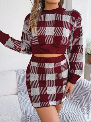 Shop Plaid Round Neck Top and Skirt Sweater Set - High-Quality U.S. Made Women’s Fashion with Free & Fast Shipping