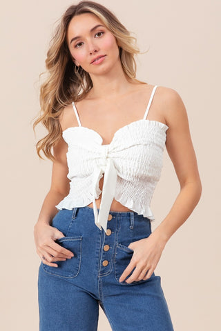 Shop BiBi Ruffled Smocked Ribbon Detail Cami - High-Quality U.S. Made Women’s Fashion with Free & Fast Shipping