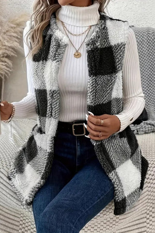 Shop Sherpa Plaid Open Front Vest Coat - High-Quality U.S. Made Women’s Fashion with Free Fast Shipping