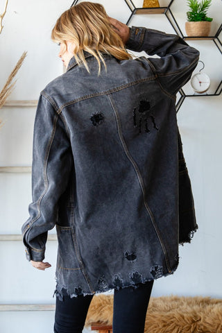 Shop Veveret Button Up Distressed Frayed Hem Denim Jacket - High-Quality U.S. Made Women’s Fashion with Free & Fast Shipping