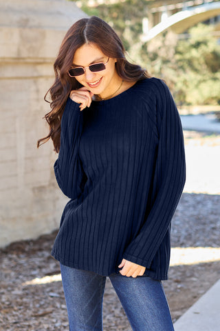 Shop Dark Blue Basic Bae Full Size Ribbed Round Neck Long Sleeve Knit Top - High-Quality U.S. Made Women’s Fashion with Free & Fast Shipping