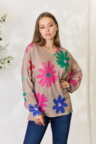 Shop Hopely Full Size Floral V-Neck Long Sleeve Top - High-Quality U.S. Made Women’s Fashion with Free & Fast Shipping