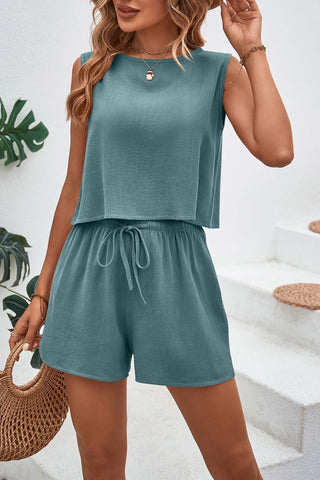 Shop Teal Round Neck Top and Drawstring Shorts Set - High-Quality U.S. Made Women’s Fashion with Free & Fast Shipping