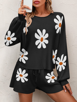 Shop Floral Print Raglan Sleeve Knit Top and Tie Front Sweater Shorts Set - High-Quality U.S. Made Women’s Fashion with Free Fast Shipping