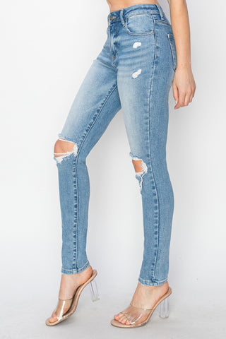 Shop Risen Full Size High Rise Knee Distressed Skinny Jeans - High-Quality U.S. Made Women’s Fashion with Free & Fast Shipping