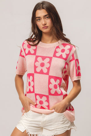 Shop Blush Fuchsia BiBi Flower Checker Pattern Short Sleeve Sweater - High-Quality U.S. Made Women’s Fashion with Free & Fast Shipping