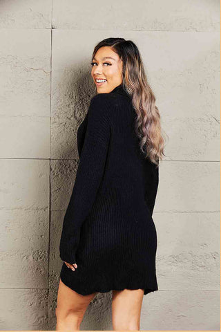 Shop Rib-Knit Turtleneck Drop Shoulder Sweater Dress - High-Quality U.S. Made Women’s Fashion with Free & Fast Shipping