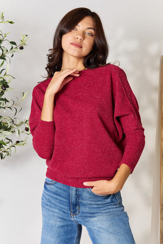 Shop Burgundy BOMBOM Drop Shoulder Long Sleeve Blouse - High-Quality U.S. Made Women’s Fashion with Free & Fast Shipping