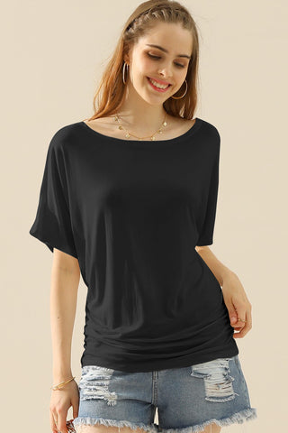 Shop Ninexis Boat Neck Short Sleeve Ruched Side Top - High-Quality U.S. Made Women’s Fashion with Free & Fast Shipping