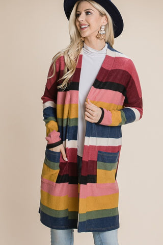 Shop BOMBOM Color Block Striped Open Front Cardigan - High-Quality U.S. Made Women’s Fashion with Free Fast Shipping