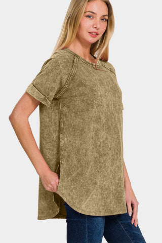 Shop Zenana Heathered Round Neck Short Sleeve Top - High-Quality U.S. Made Women’s Fashion with Free & Fast Shipping