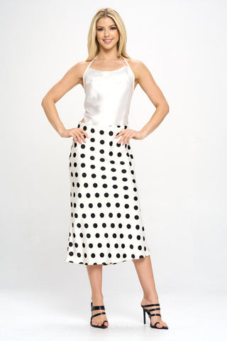 Shop RENEE C Polka Dot Satin Midi Skirt - High-Quality U.S. Made Women’s Fashion with Free & Fast Shipping